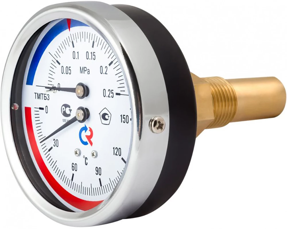 Термоманометр Росма ТМТБ-31Т.1 (0-150°C) (0-0,6MПa) G1/2 2,5, корпус 80мм, тип - ТМТБ-31T.1, длина клапана 46мм, до 150°С, осевое присоединение, 0-0,6MПa, резьба G1/2, класс точности 2.5