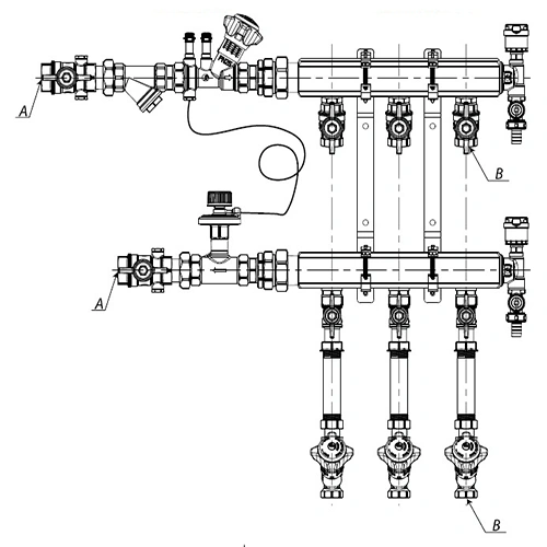 Узел коллекторный отопления Giacomini GE553-B3 1″ Ду32 Ру10 GE553Y155 5 выходов x3/4″, корпус - латунь, этажный, подключение к системе с балансировочной парой