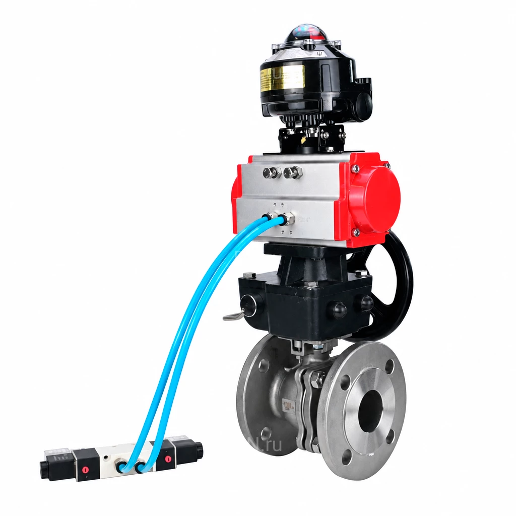 Кран шаровой Ду100 Ру16 полнопроходной, фланцевый, нержавеющая сталь 316, PTFE, с пневмоприводом PA-DA-105, пневмораспределителем 4V320-10 AC220V, БКВ APL-510N EX и ручным Дублером MON3-700-T38-ISO (BV3232P(2pc)-FP-F-ISO-H WDVF)