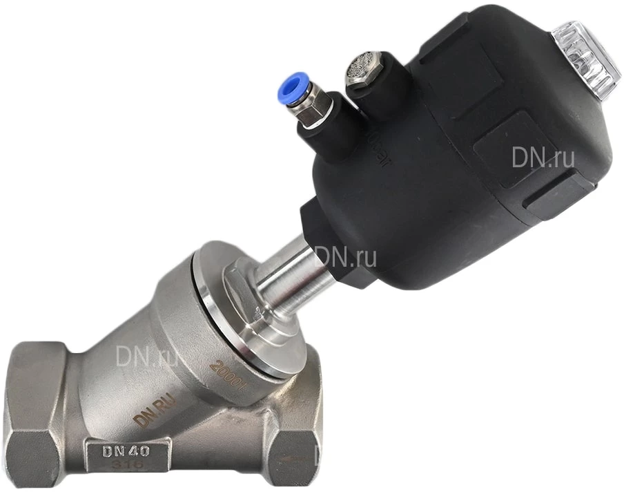 Клапан отсечной пневматический 1 1/4″ Ду32 Ру25, корпус - нержавеющая сталь SS316, резьбовой, Y-образный, корпус привода - пластик (VSP3241P-T-1PNC)
