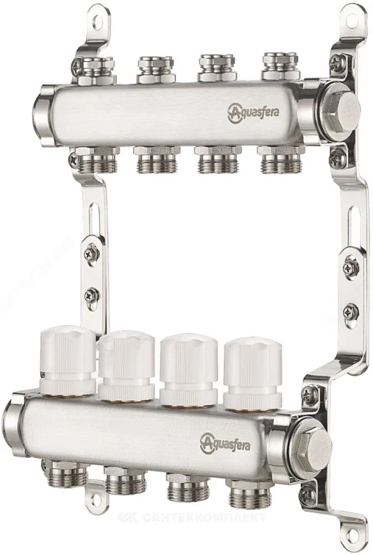 Группа коллекторная Aquasfera 9504 Ду25 Ру10 внутренняя резьба, выходов 3х3/4″ наружная резьба под евроконус с балансировочными и регулирующими клапанами, нержавеющая сталь
